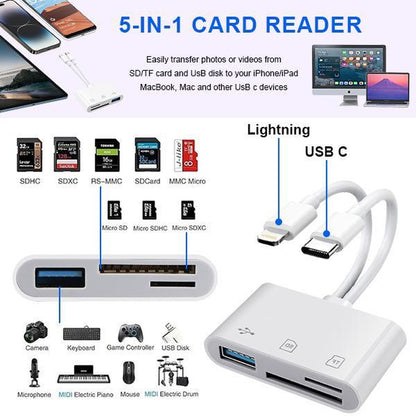 5-In-1 SD Card Reader for Iphone,Ipad,Android – Dual USB-C & Lightning Adapter, Supports Sd/Microsd/Usb 3.0, Fast Transfer, Plug & Play, No App Needed